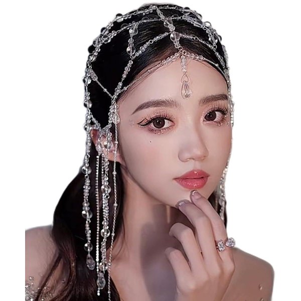 Xerling Transparent Crystal Beads Tassel Cap Headpiece 1920s Flapper Layered Head Chains Wedding Bridal Head Jewelry Cleopatra Hair Accessories for Women
