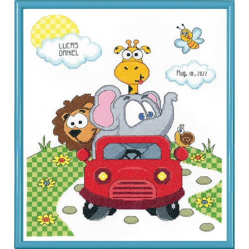 Janlynn 14 Count Animal Fun Ride Birth Record Counted Cross Stitch Kit, 11-Inch x 14-Inch, White