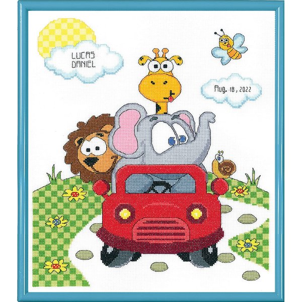 Janlynn 14 Count Animal Fun Ride Birth Record Counted Cross Stitch Kit, 11-Inch x 14-Inch, White