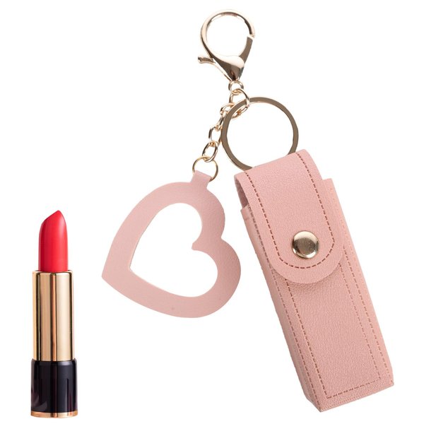 Lipstick Organizer Keychain, Leather Lipstick Case with Mirror for Women, Portable Lipstick Leather Holder Lip Gloss Bag (Pink)