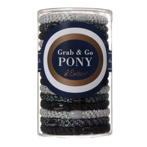 L. Erickson Grab & Go Pony Tube - Black Metallic - 15 Pack Ponytail Holder Hair Ties