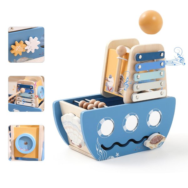 Promise Babe 5-in-1 Baby Wooden Activity Cube, Sea Ocean Montessori Toddler Toys for 1+ Year Old Boys Girls Gifts, Educational Learning Boat Toys for 1st Birthday Gifts for Kids