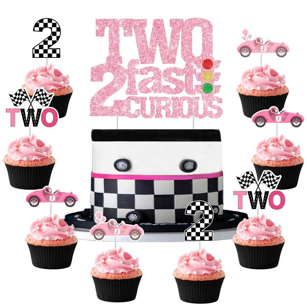 Two Fast Two Curious Birthday Decorations, 25Pcs Two Fast Two Curious Cake Topper Race Car Cupcake Toppers Pink for Girl 2nd Birthday Let’s Go Racing Party Supplies