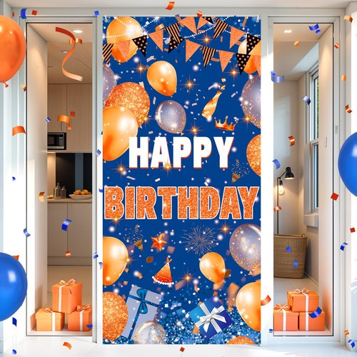 Blue Orange Door Cover Decorations Blue and Orange Happy Birthday Door Banner Orange Birthday Sign Front Door Banner Backdrop Background for Boys Girls Birthday Anniversary Party Supplies 73x36 inch