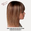 Melanin Manes Short Bob Wig With Bangs 100% Brazilian Human Hair Straight 10 Inch Ombre Brown With Blonde Highlights 4/27 180% Density Glueless Machine Made With Razor Comb With Wig Cap
