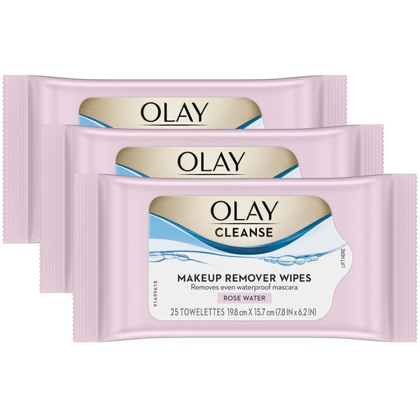 Olay Cleanse Makeup Remover Cleansing Face Wipes, Daily Facial Towelettes, Rose Water, 25 Count, 3 Pack