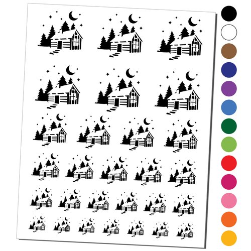 Cozy Log Cabin Outdoors Trees Woods Temporary Tattoo Water Resistant Fake Body Art Set Collection - Black (One Sheet)