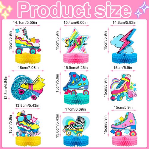 Hotop 9 Pcs Roller Skating Party Supplies Roller Skate Table Centerpiece 3D Honeycomb Skateboard 80s 90s Party Decorations for Skate Party Supplies Table Decorations