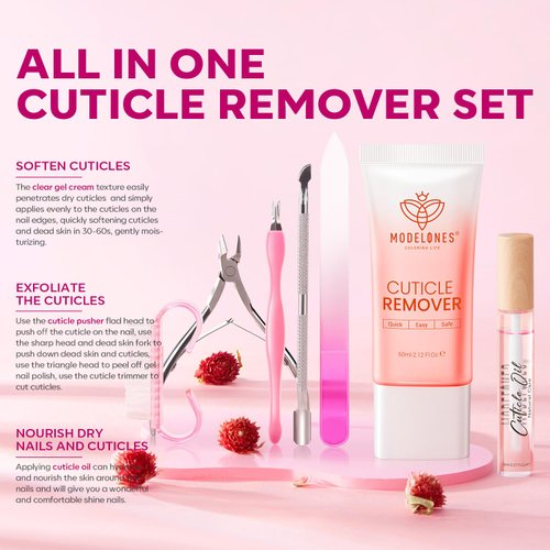 Modelones Cuticle Remover Kit - Cuticle Remover Cream & Cuticle Oil, Cuticle Care Kit w/Cuticle Trimmer Cuticle Pusher & Cuticle Nipper for DIY Nail Manicure, Removedor de Cuticula for Nail Care