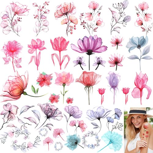 Qianyu 10 Sheets Flower Temporary Tattoos for Women Girls Fake Watercolor Rose Lily Flower Tattoo Stickers Waterproof Art for Face Body Arm Kids Birthday Party Favors Makeup Supplies Gifts