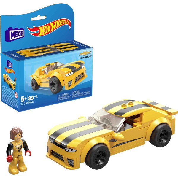 MEGA Hot Wheels Building Toy Race Car Playset, 17 Camaro with 89 Pieces, 1 Micro Action Figure Driver, Yellow, Kids Age 5+ Years