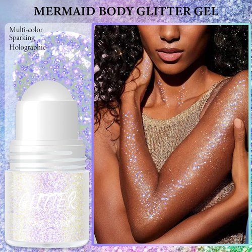 Wugbc Body Glitter Gel, Roll-on Face Glitter Neon Rave Hair Accessories, Holographic Makeup Festival Mermaid Shimmer Sequins Gift for Women Halloween Christmas Singer Concerts Disco Party, Neon Violet