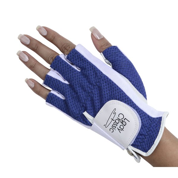 Lady Classic Cabretta Womens Solar Half 1/2 Finger Golf Glove - Left Hand, Royal Blue & White, Medium (CLH02WTRB)
