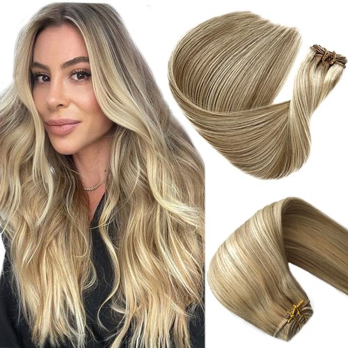 Balayage Human Hair Weave Bundles 20 Inch Beige Blonde Mix Platinum Blonde Sew in Weft Hair Extensions Real Human Hair for White Women Hand Tied Weft Remy Hair Extensions Sew in Human Hair Bundles