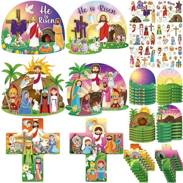 72 Sheets Easter Sticker He Lives Scenes Craft Kit with Rope for Kids Resurrection Stickers Jesus Cross He Is Risen Scene Sunday School Classroom Craft for Kid Party Game Easter Art DIY Project Supply