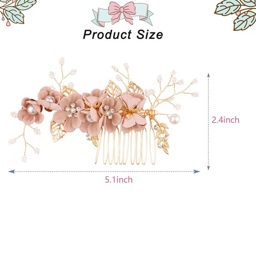 Wedding Hair Combs, Crystal Flwoer Hair Clips Bride Bridesmaid Hair Sides Comb Rhinestone Barrettes, Pearl Flower Hair Pins Hair Accessories for Women Girls (Pink)