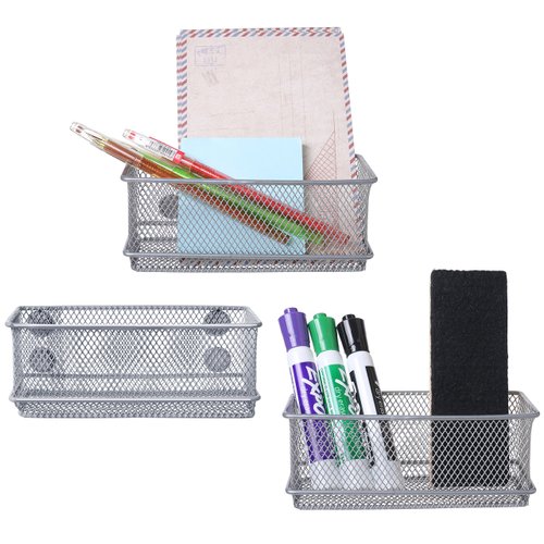 MyGift Silver Wire Mesh Metal Magnetic Hanging Storage Basket, Locker Organizer Bin with Magnet, Rectangular Office Supplies Holder, Pencil, Pen, Marker Holder, Set of 3