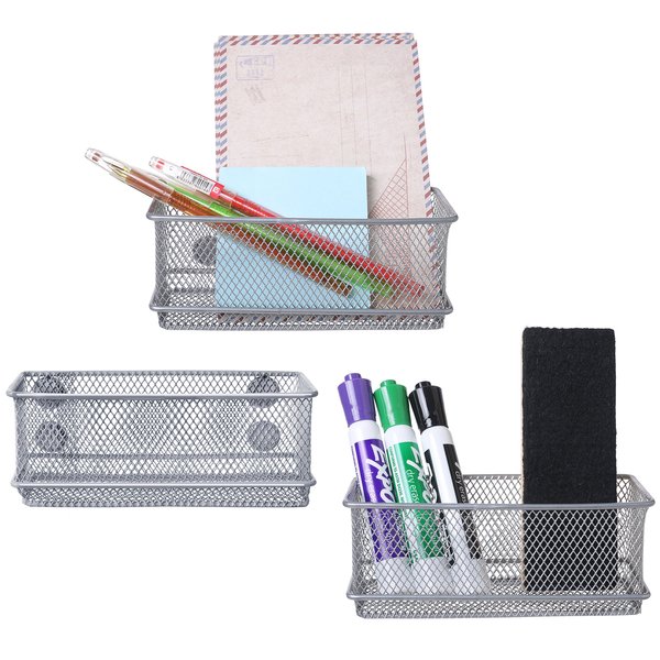 MyGift Silver Wire Mesh Metal Magnetic Hanging Storage Basket, Locker Organizer Bin with Magnet, Rectangular Office Supplies Holder, Pencil, Pen, Marker Holder, Set of 3