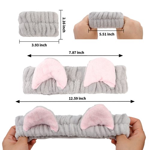 AMCAMI 6 Pcs Spa Headband Face Wash Headband and Wristband Set, Cute Make Up Cat Ears Headband Plush Animal Makeup Skincare Headbands with Face Washing Wristband for Women