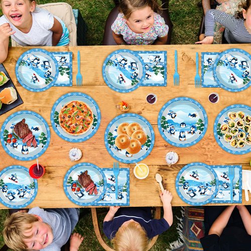 gisgfim 96PCS Winter Penguin Plates and Napkins Party Supplies Winter Birthday Party Tableware Set Winter Penguin Party Decorations Favors for Christmas Holiday Winter Dinner Serves 24 Guests