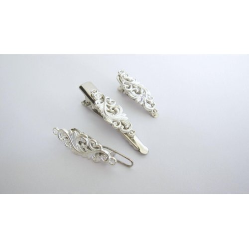 Small tiny lite silver metal filigree hair pin alligator clip barrette for fine (Clip quantity: 2 clips, Pattern: Barrette)