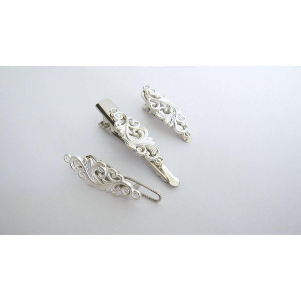Small tiny lite silver metal filigree hair pin alligator clip barrette for fine (Clip quantity: 2 clips, Pattern: Barrette)