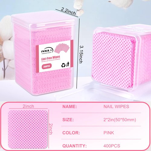 NXJ INFILILA Lint Free Nail Wipes, 400PCS Super Absorbent Dry Nail Wipes for Nail Polish Remover, Eyelash Extension Glue Lint Free Wipes Non-Woven Fabric Nail Cleaning Pads Nail Supplies Nail Stuff