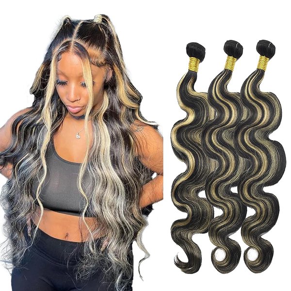 Honey Blonde Bundles Human Hair Highlight Body Wave Bundles P1B/27 Bundles Human Hair 22 24 26 inch Brazilian Virgin Remy Hair Extensions 3 Bundles Two Tone Black Mixer With Blonde Bundles Hair Weave