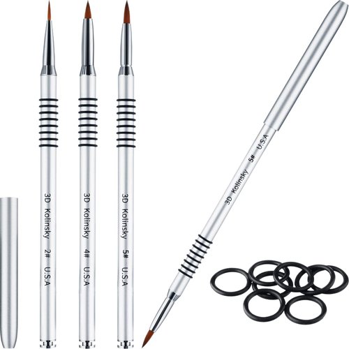 3 Pieces Kolinsky Acrylic Nail Brush 3D Nail Art Brush with Silver Metal with Non-slip Handle (Silver,Size 2, 4, 5)