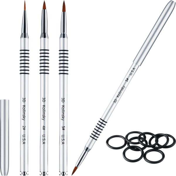 3 Pieces Kolinsky Acrylic Nail Brush 3D Nail Art Brush with Silver Metal with Non-slip Handle (Silver,Size 2, 4, 5)