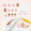 MISUD Press on Nails Long Square Fake Nails Glossy Glue on Nails 3D Gold French Tip Acrylic Nails Squoval Artificial Nails Cross Rhinestone Stick on False Nails with Design 24 pcs