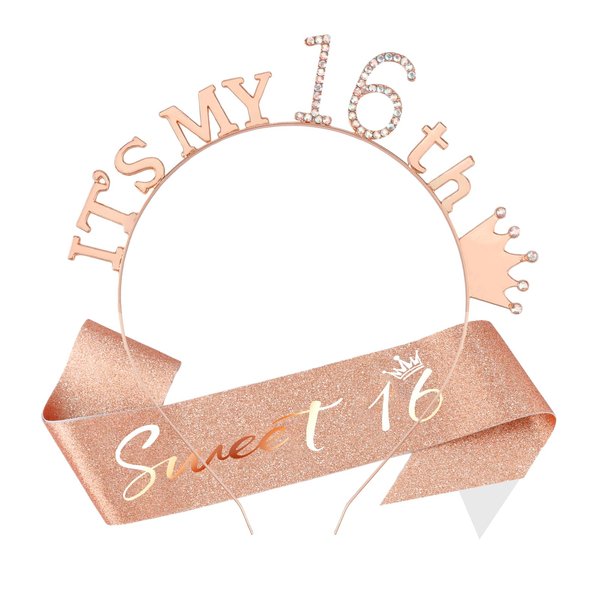 𝘾𝙝𝙖𝙣𝙖𝙘𝙤 16th Birthday Headband and Sash for Women, Rhinestone Sweet 16 Birthday Tiara Decorations Gift for Girls, Crystals Happy Birthday Crown and Sashes Hair Accessories for Party Favors