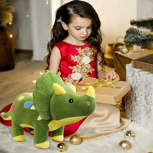 Cute Dinosaur Stuffed Animals for Girls, Dino Party Favors, Cuddly Triceratops Plush Toy for Kids & Adults, Huggable Triceratops for Baby, Birthday Xmas Gifts for Toddlers Age 3+ (Green,15 inch)