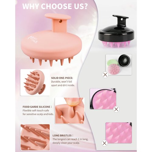 BEAUTLOHAS. Silicone Scalp Massager Shampoo Brush for Shower, Scalp Scrubber with Soft Bristles for Hair Growth & Dandruff Treatment, Wet Dry Hair Massager for All Hair Types of Women (Pink)
