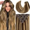 Loxxy New Version Thick Hair Extensions Clip in Human Hair Full Head Chocolate Brown Mixed with Light Golden Brown P#4/12 Silky Straight Glam Seamless Clip in Hair Extensions 7pcs 18 Inch 120g