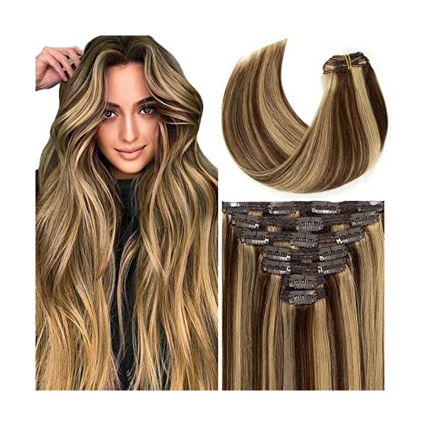 Loxxy New Version Thick Hair Extensions Clip in Human Hair Full Head Chocolate Brown Mixed with Light Golden Brown P#4/12 Silky Straight Glam Seamless Clip in Hair Extensions 7pcs 18 Inch 120g