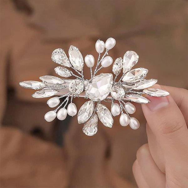 EVAZEN Crystal Wedding Hair Clip Silver Rhinestone Bride Hair Clips Pearl Bridal Hair Accessories for Women and Girls