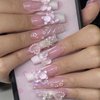 MISUD Press on Nails Long Coffin Fake Nails Glossy Glue on Nails Ballerina French Tip Acrylic Nails 3D Star Rhinestone Stick on Artificial Nails Pearl Bow False Nails with Bling Glitter Design 24 pcs