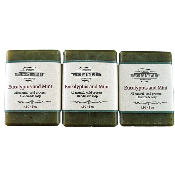 Traverse Bay Bath and Body, Eucalyptus and Peppermint, all natural handmade cold process soap, essential oil soap. 3 bar pack 15 + oz. Made in USA