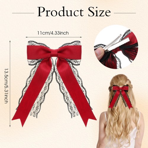 Giantree 2 Pcs Red Lace Hair Bow Clips for Women, Cute Lace Hair Bows Clips with Long Tail Ribbon for Wedding Halloween Gothic Dress Decor Accessories Gift