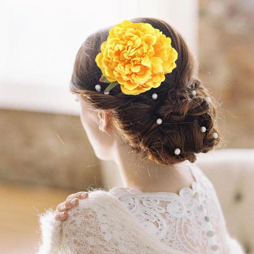 RrUuIiEn Peony Flowers for Hair 5.5-Inch Hair Flowers Clips 3 PCS Pink, Yellow, Red Flower Hair Clip, Brooch for Tropical Touch, Women Girls Brides Party Wedding Decor