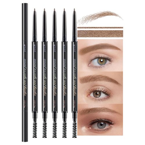 5 Pcs Waterproof Dual-Sided Fine Tip Brow Pencils Pack,Ultra-Fine Mechanical Pencil,Draws Tiny Brow Hairs, Defines, Fills Brows, Shapes, Contours, Combs, (Pack of 5)-Light Brown