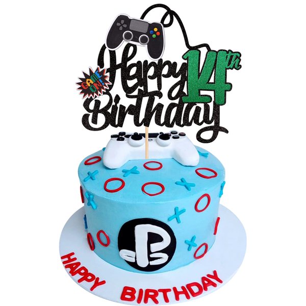 1 PCS Video Game Happy 14th Birthday Cake Topper Glitter Video Game Cake Pick Game On Controllers Fourteen Cheers to 14 Years Cake Decoration for Happy 14th Birthday Party Supplies Green