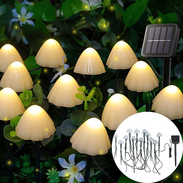 Mushroom String Lights Solar 12FT 12 LEDs Pathway Lights Waterproof Mushroom LED Fairy Lights Outdoor Mini Ground Plug Light for Christmas Yard Patio Gazebo Garden Party Landscape Light, Warm White
