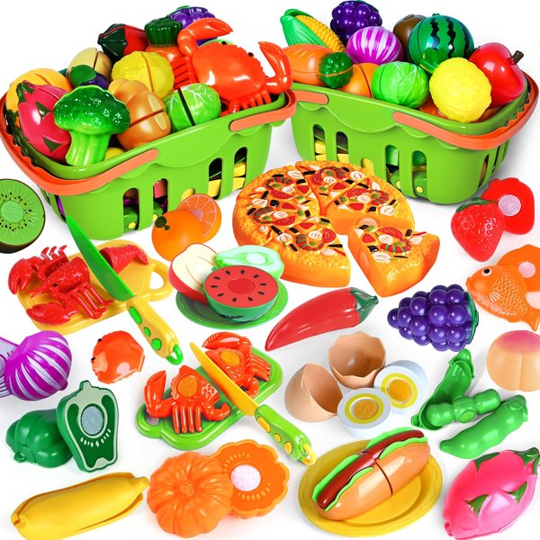 100 PCS Cutting Play Food Toy for Kids, Pretend Food Toys for Toddler, Play Kitchen Toy Accessories, Birthday Gifts for 3 4 5 6 Years Old Kids, Easter Gift for Kid, Easter Basket Stuffers for Toddlers