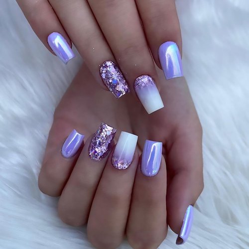 Silver Purple Press on Nails Square Medium Fake Nails With Aurora Designs Full Cover Glitter False Nails Acrylic Stick on Nails Reusable Artificial Nails for Women Glue on Nails 24Pcs