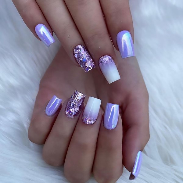 Silver Purple Press on Nails Square Medium Fake Nails With Aurora Designs Full Cover Glitter False Nails Acrylic Stick on Nails Reusable Artificial Nails for Women Glue on Nails 24Pcs