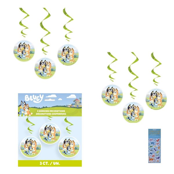 Bluey Birthday Party Supplies Bundle Pack includes Hanging Swirl Decoration - 6 Count with 1 Dinosaur Sticker Sheet