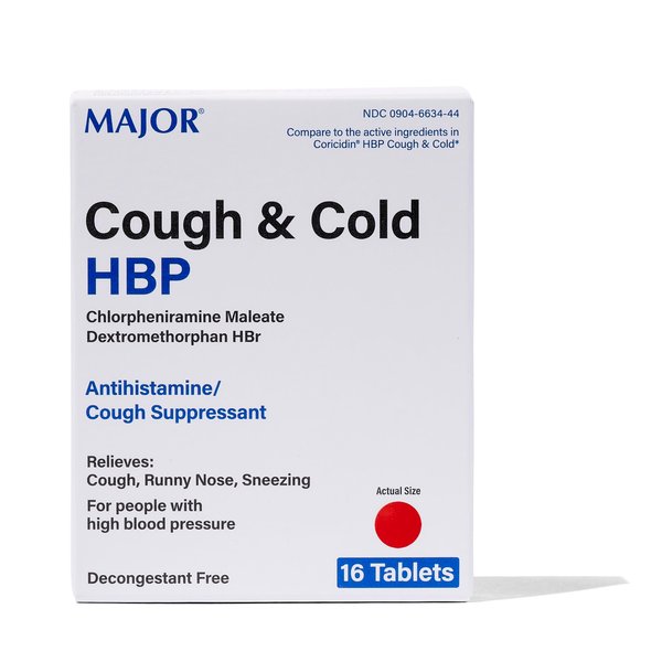 MAJOR Cough and Cold Medicine - Cough and Sinus Formula for High Blood Pressure - Cough Suppressant for Adults - Dextromethorphan HBr, Chlorpheniramine Maleate - 16 Tablets - Pack of 1