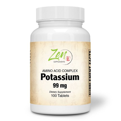 Zen Supplements - Potassium 99 mg (Amino Acid) 100-Tabs - Fluid & Electrolyte Balance Formula - Heart, Nerve & Muscle Function Support